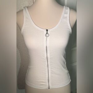 Ambiance White Ribbed Zip Front Cropped Scoop Neck Tank Top Sleeveless S